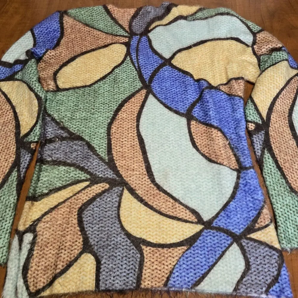 Kingsland Woman Vintage Angora Viscose Stained Glass Window Print Sweater M